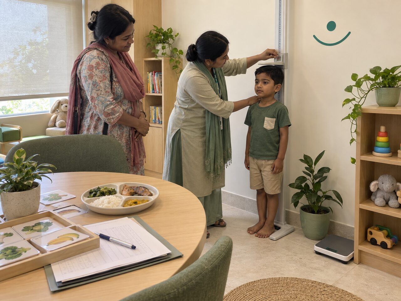 A child’s height being measured during a growth and milestone check