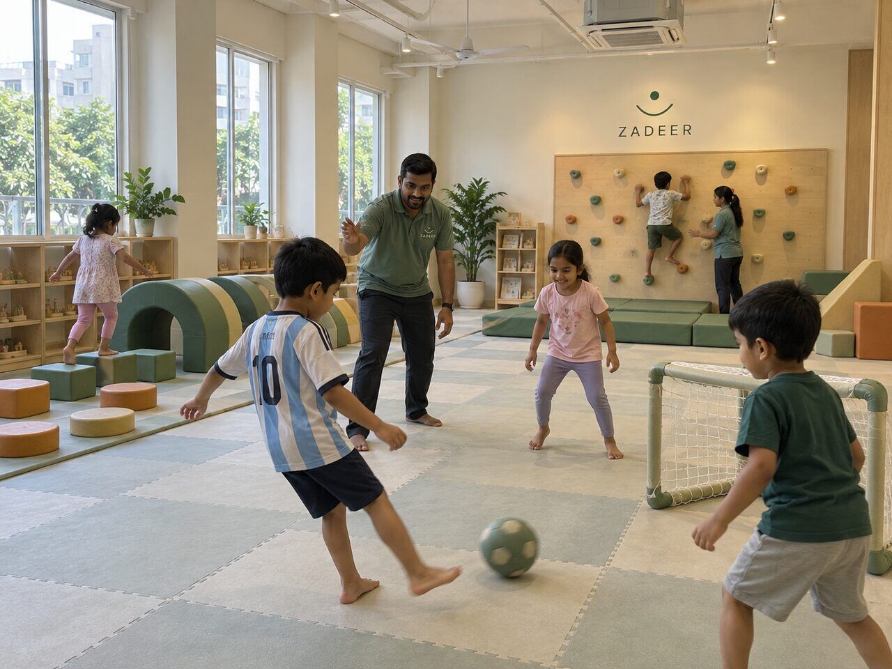 Indoor football and climbing in the non-screen PlayFit Zone