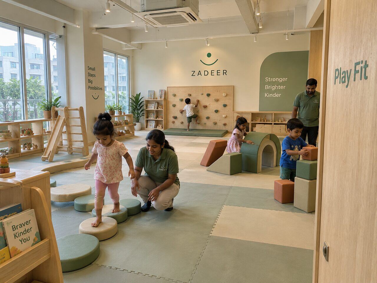 Children in the PlayFit Zone on balance steps and a climbing wall with a coach