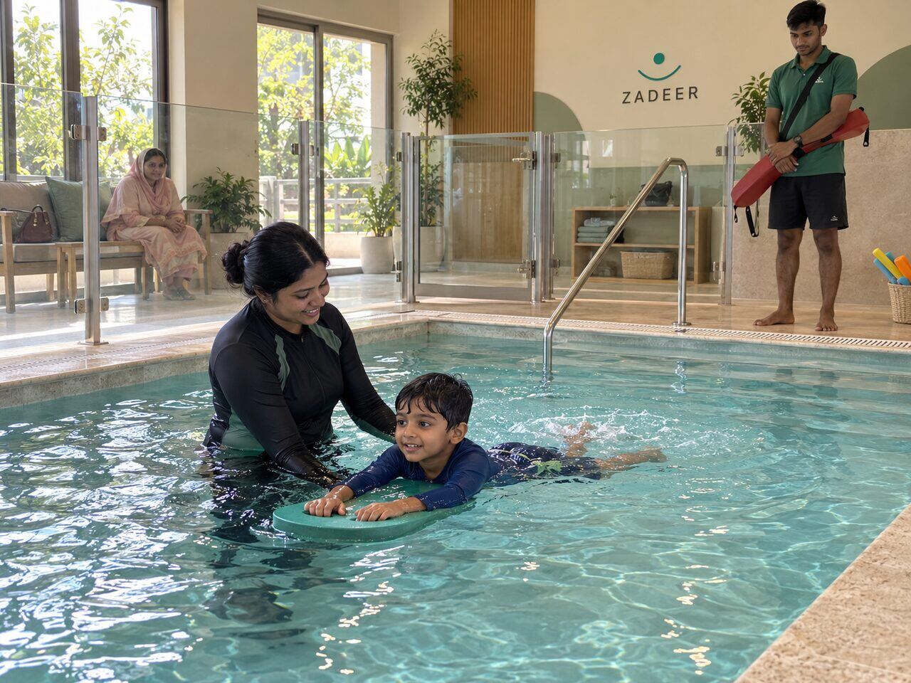 A supervised swimming session with a coach and a lifeguard on deck